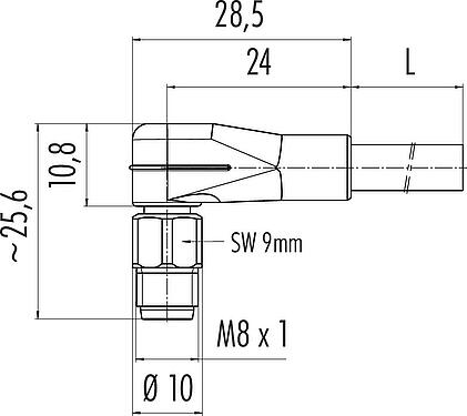 Scale drawing M8 Male angled connector, Contacts: 4, unshielded, moulded on the cable, IP67/IP69K, UL 2238, PUR, black, 4 x 0.34 mm², stainless steel, 2 m