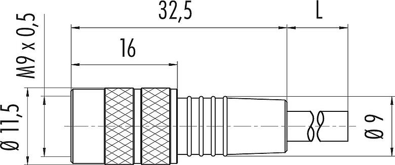 比例图 M9 直头孔头电缆连接器, 极数: 5, 非屏蔽, 预铸电缆, IP67, PUR, 黑色, 5x0.25mm², 2m