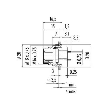 Scale drawing M16 Male panel mount connector, Contacts: 7 (07-a), unshielded, THT, IP40, M18x0,75, Rear mounting, potted