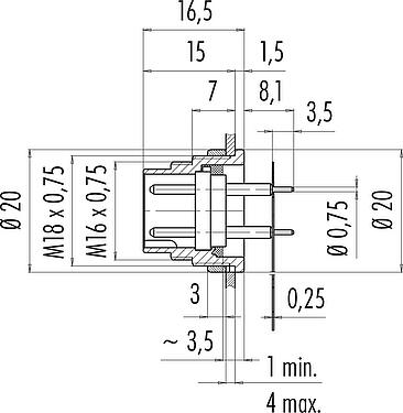 Scale drawing M16 Male panel mount connector, Contacts: 8 (08-a), unshielded, THT, IP40, M18x0,75, Rear mounting, potted