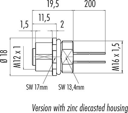 比例图 M12 孔头法兰座, 极数: 12, 非屏蔽, 带导线, IP68, UL 2238, M16x1.5, 板前安装, 模压成型