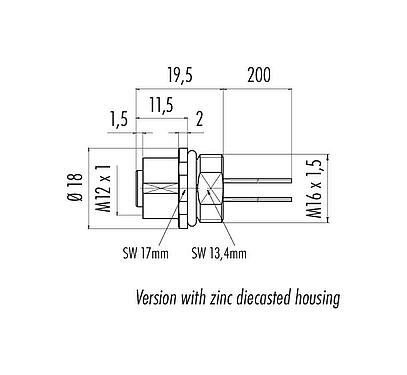 Scale drawing M12 Female panel mount connector, Contacts: 12, unshielded, single wires, IP68, UL 2238, M16x1.5, Front mounting, potted
