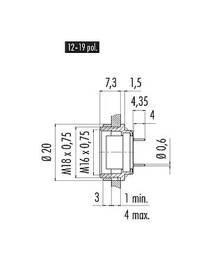 比例图 M16 孔头法兰座, 极数: 14 (14-b), 非屏蔽, THT, IP40, M18x0,75, 後壁安裝