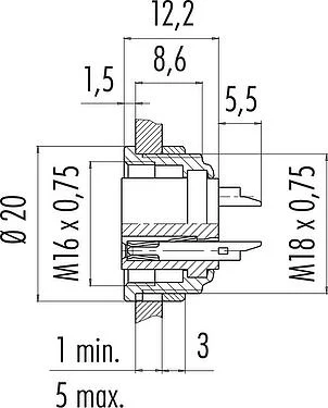 比例图 M16 孔头法兰座, 极数: 7 (07-a), 非屏蔽, 焊接, IP40, M18x0,75, 板前安装