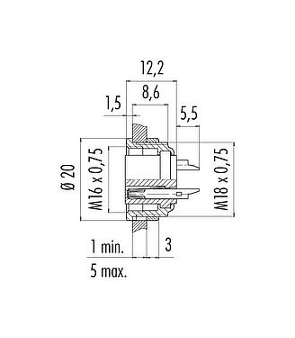比例图 M16 孔头法兰座, 极数: 7 (07-b), 非屏蔽, 焊接, IP40, M18x0,75, 板前安装