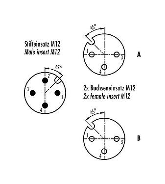 Contact arrangement (Plug-in side) M12 Twin distributors, Y-distributor, male connector - 2 female connector, Contacts: 4/3, unshielded, pluggable, IP68, UL 2238