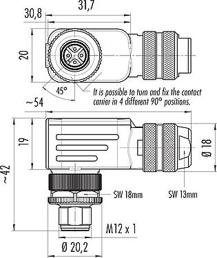 比例图 M12 弯角针头电缆连接器, 极数: 4, 4.0-6.0mm, 可接屏蔽, 螺钉接线, IP67, UL 2238, 带防护环