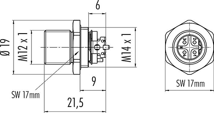Scale drawing M12 Male panel mount connector, Contacts: 4, shieldable, SMT, IP67, M14x1.0, Rear mounting