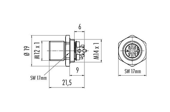 Scale drawing M12 Male panel mount connector, Contacts: 4, shieldable, SMT, IP67, M14x1.0, Rear mounting