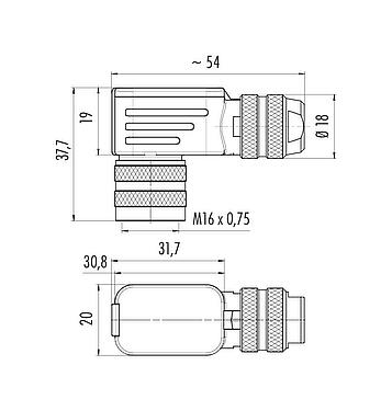比例图 M16 弯角孔头电缆连接器, 极数: 8 (08-a), 4.0-6.0mm, 可接屏蔽, 压接(压接触点必须单独订购), IP67, UL 2238