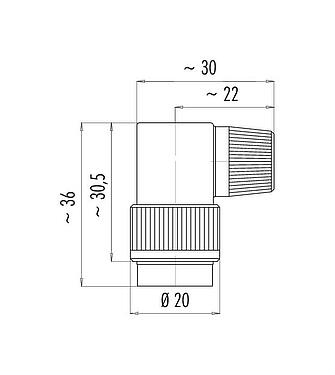Scale drawing Bayonet Female angled connector, Contacts: 2, 6.0-8.0 mm, unshielded, solder, IP40