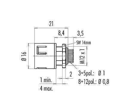 Scale drawing 99 9107 490 03 - Snap-In Male panel mount connector, Contacts: 3, unshielded, THT, IP67