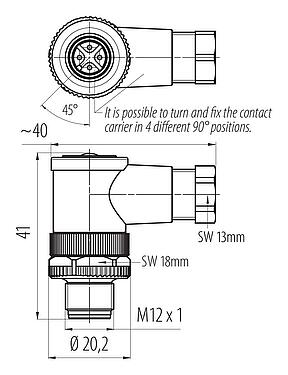 Scale drawing M12 Male angled connector, Contacts: 4, 4.0-6.0 mm, unshielded, screw clamp, IP67, UL