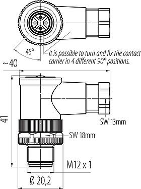 比例图 M12 弯角针头电缆连接器, 极数: 4, 2.5-3.5mm, 非屏蔽, 螺钉接线, IP67