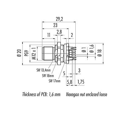 Scale drawing M12 Male panel mount connector, Contacts: 5, shieldable, THT, IP68, UL 2238, PG 9, Rear mounting, potted