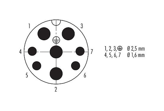 Contact arrangement (Plug-in side) 99 6501 000 08 - Bayonet Male cable connector, Contacts: 4+3+PE, 7.0-17.0 mm, unshielded, crimping (Crimp contacts must be ordered separately), IP68/IP69K, UL, VDE