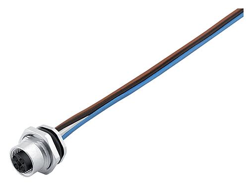 插图 M12 孔头法兰座, 极数: 4, 非屏蔽, 带导线, IP68, UL 2238, M16x1.5, 後壁安裝, 模压成型