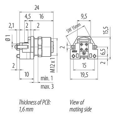 比例图 M12 孔头法兰座, 极数: 4, 非屏蔽, THR, IP67, UL 2238, M12x1.0, 後壁安裝