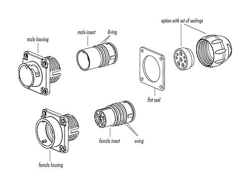 Component part drawing 09 6504 000 08 - Bayonet Female panel mount connector, Contacts: 4+3+PE, unshielded, crimping (Crimp contacts must be ordered separately), IP68/IP69K, UL, VDE