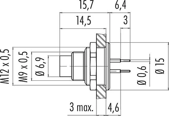 比例图 M9 针头法兰座, 极数: 4, 非屏蔽, THT, IP67, M12x0.5, 後壁安裝, 模压成型