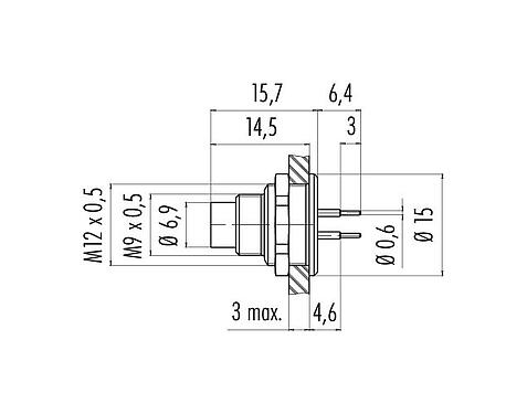 Scale drawing 09 0403 90 02 - M9 Male panel mount connector, Contacts: 2, unshielded, THT, IP67, front fastened