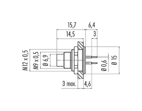 比例图 M9 针头法兰座, 极数: 4, 非屏蔽, THT, IP67, M12x0.5, 後壁安裝, 模压成型