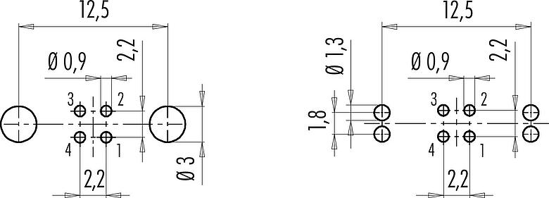 导体结构 M9 针头法兰座, 极数: 4, 可接屏蔽, THT, IP67, M12x0.5, 後壁安裝, 模压成型