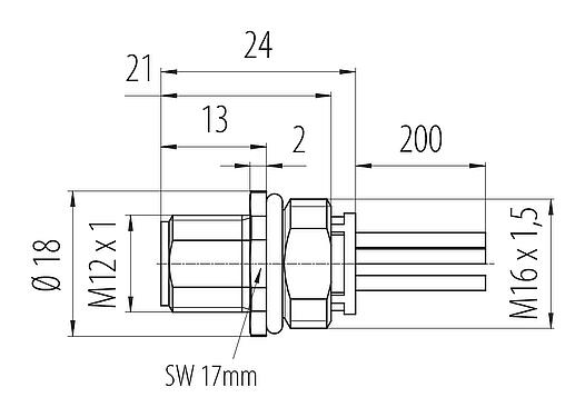 Scale drawing 76 0245 0136 00035-0200 - M12 Male panel mount connector, Contacts: 5, unshielded, single wires, IP68, UL 2238, M16x1.5