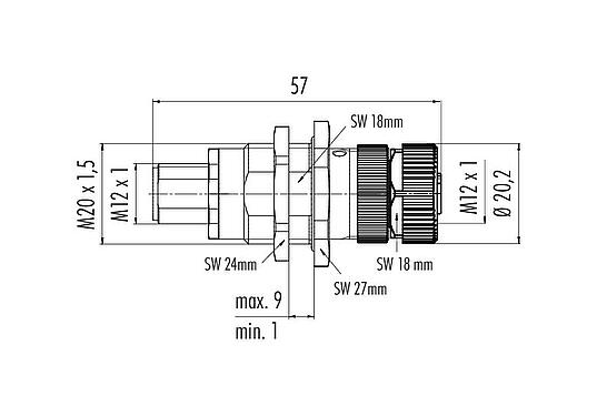 Scale drawing M12 Lead-through for control cabinet, Contacts: 12, 2.5-4.0 mm, shielded, solder, IP40, Rear mounting