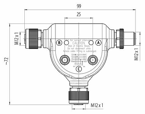 Scale drawing M12 Twin distributors, T-distributor, male connector - 2 female connector, Contacts: 4+FE, unshielded, IP65, M12x1.0