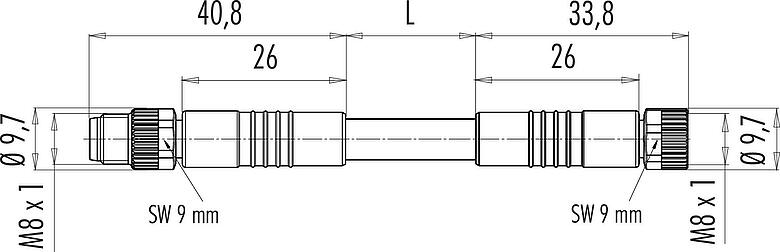 Scale drawing M8 Connecting cable male cable connector - female cable connector, Contacts: 4, unshielded, moulded on the cable, IP67/IP69K, UL 2238, PUR, black, 4 x 0.34 mm², 1 m