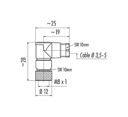 比例图 99 3402 00 03 - M8 弯角孔头电缆连接器, 极数: 3, 3.5-5.0mm, 非屏蔽, 焊接, IP67, UL