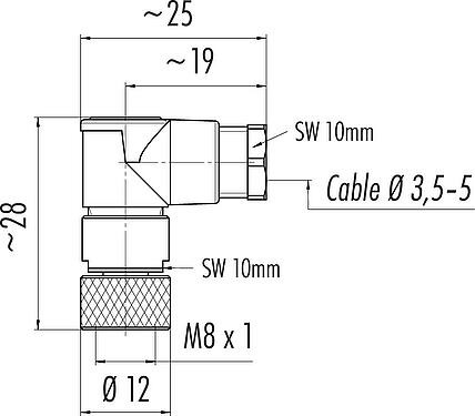 Scale drawing M8 Female angled connector, Contacts: 3, 3.5-5.0 mm, unshielded, solder, IP67, UL 2238