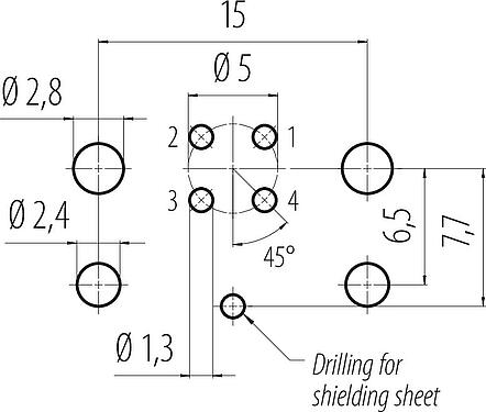 导体结构 M12 针头法兰座, 极数: 4, 可接屏蔽, THR, IP67, UL 2238, M12x1.0, 後壁安裝