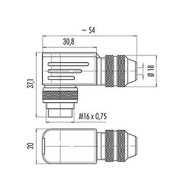 Scale drawing M16 Male angled connector, Contacts: 14 (14-b), 4.0-6.0 mm, shieldable, solder, IP67, UL 2238