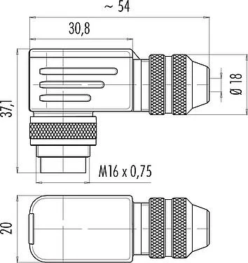 Scale drawing M16 Male angled connector, Contacts: 7 (07-a), 4.0-6.0 mm, shieldable, solder, IP67, UL 2238