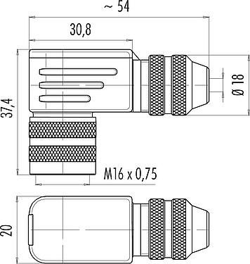 比例图 M16 弯角孔头电缆连接器, 极数: 6 (06-a), 4.0-6.0mm, 可接屏蔽, 焊接, IP67, UL 2238