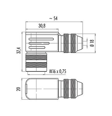 Scale drawing M16 Female angled connector, Contacts: 19 (19-a), 4.0-6.0 mm, shieldable, solder, IP67, UL 2238