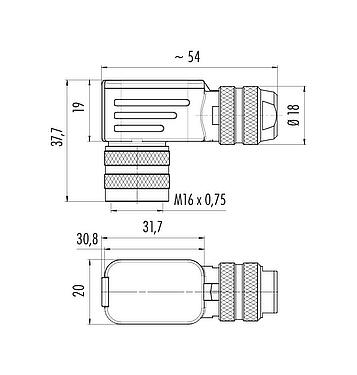 比例图 M16 弯角孔头电缆连接器, 极数: 8 (08-a), 6.0-8.0mm, 可接屏蔽, 压接(压接触点必须单独订购), IP67, UL 2238