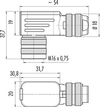 Scale drawing M16 Female angled connector, Contacts: 5 (05-a), 6.0-8.0 mm, shieldable, crimping (Crimp contacts must be ordered separately), IP67, UL 2238