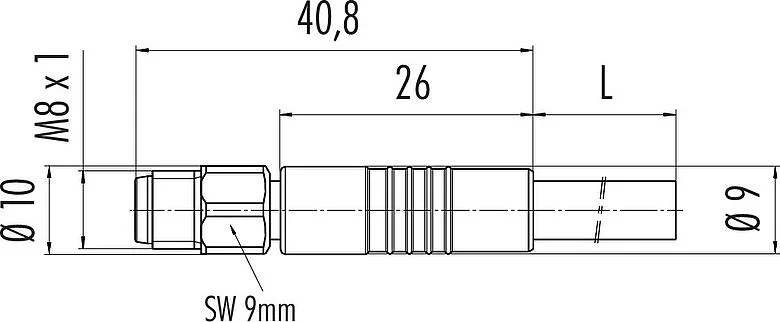 比例图 M8 直头针头电缆连接器, 极数: 3, 非屏蔽, 预铸电缆, IP67/IP69K, UL 2238, PVC, 灰色, 3x0.34mm², 不锈钢, 2m