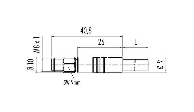 Scale drawing M8 Male cable connector, Contacts: 6, unshielded, moulded on the cable, IP67/IP69K, UL 2238, PUR, black, 6 x 0.25 mm², stainless steel, 5 m