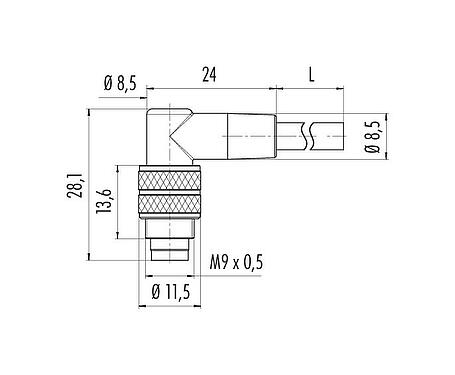 比例图 79 1461 272 08 - M9 弯角针头电缆连接器, 极数: 8, 非屏蔽, 预铸电缆, IP67, PUR, 黑色, 8x0.14mm², 2m
