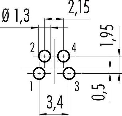 Conductor layout M8 Male panel mount connector, Contacts: 4, unshielded, THT, IP67, UL 2238, M8x1.0, Rear mounting, potted