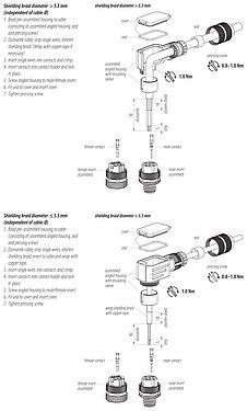 装配说明 99 1434 824 04 - M12 弯角孔头电缆连接器, 极数: 4, 6.0-8.0mm, 可接屏蔽, 压接（压接触点必须单独订购）, IP67, UL