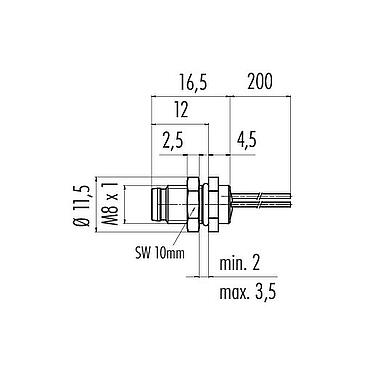 比例图 M8 针头法兰座, 极数: 6, 非屏蔽, 带导线, IP67, UL 2238, M8x1.0, 後壁安裝, 模压成型