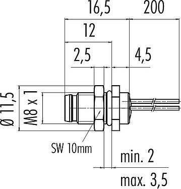 比例图 M8 针头法兰座, 极数: 3, 非屏蔽, 带导线, IP67, UL 2238, M8x1.0, 後壁安裝, 模压成型