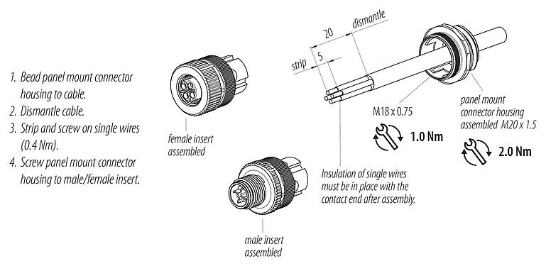 Assembly instructions 99 0694 500 04 - M12 Female panel mount connector, Contacts: 3+PE, unshielded, screw clamp, IP68, UL 2238, VDE, M20x1.5