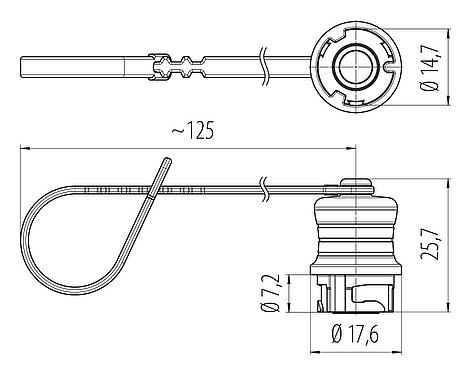 Scale drawing Protecting cap, IP67 plugged and locked, with retaining strap