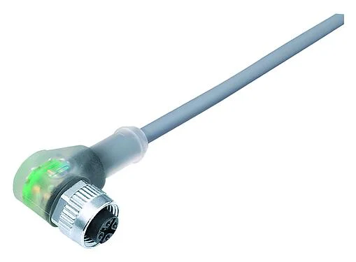 插图 M12 弯角孔头电缆连接器, 极数: 3, 非屏蔽, 预铸电缆, IP68/IP69K, UL 2238, PVC, 灰色, 3x0.34mm², 带LED的PNP, 5m